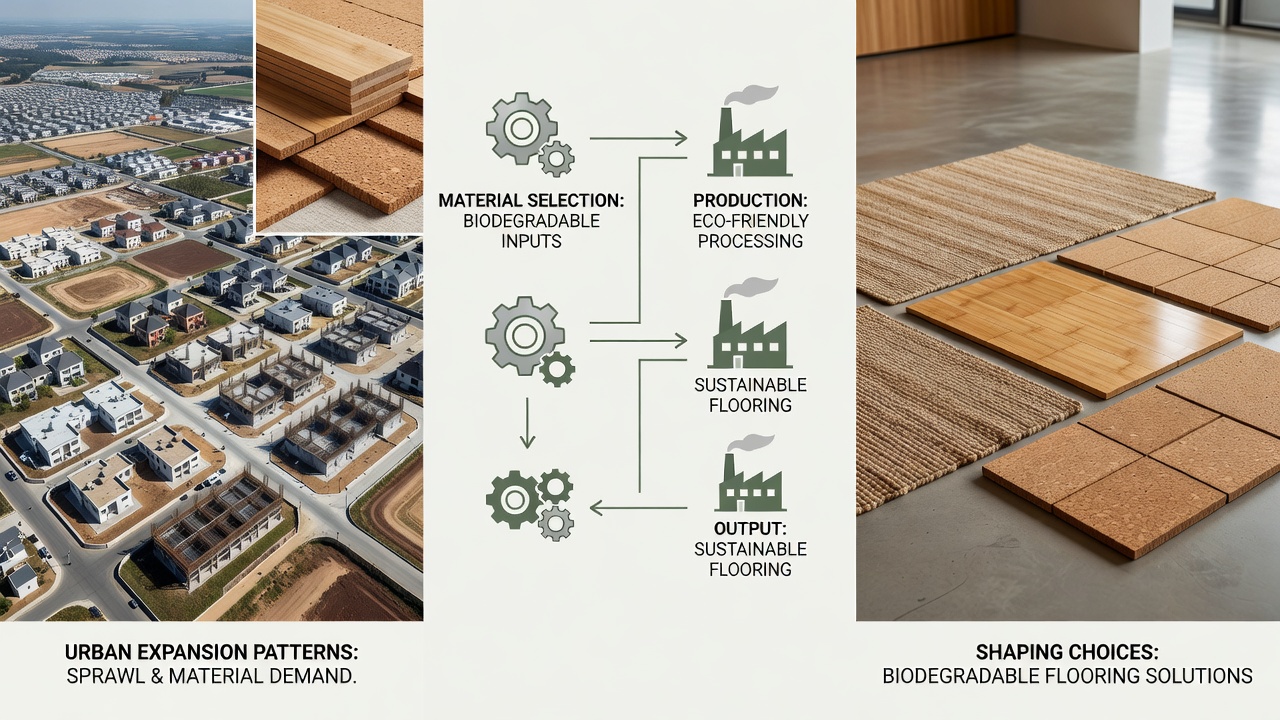 Workers processing locally harvested plant fibers into biodegradable flooring panels at a facility near an expanding metropolitan boundary